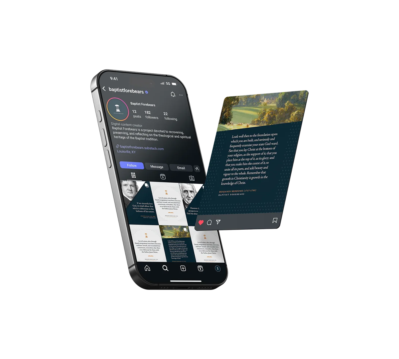 Baptist Forebears social content shown on a mobile phone